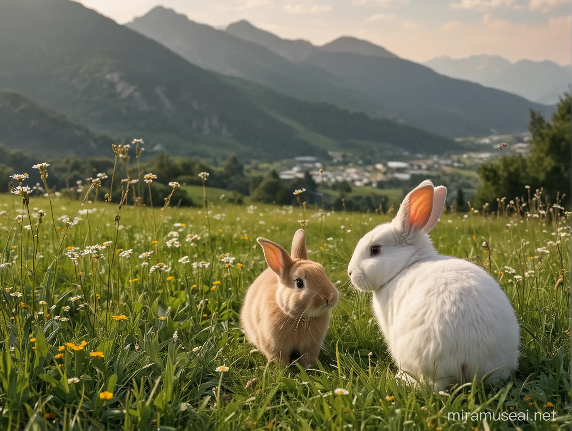 Tranquil Meadow Scene with Bunny and Majestic Mountains