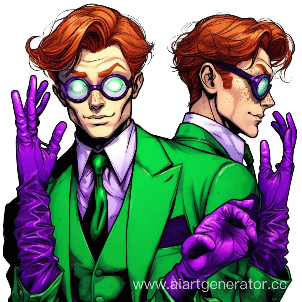 Young handsome man with ginger hair. Green eyes. Green suit, purple shirt, purple gloves, black tie. Has freckles. Riddler.