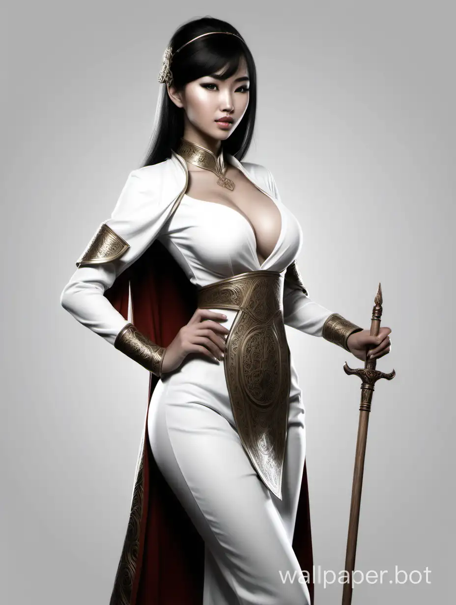 Miss Mongolia - Namuunzul Batmagnai, 20 years old, a mage girl servant. Dark short hair with bangs. Young, 20 years old. The clothing on her is aristocratic. Large breasts. Deep neckline. Sexy. In her hands, a staff made of light wood with engraving. D&D character. Realistic picture, 4k, black and white sketch, white background, full-length, nude art style, white background