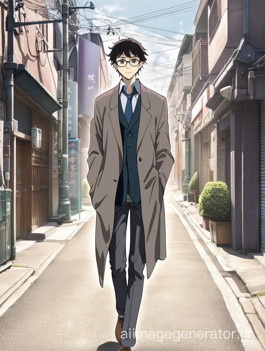 anime image of a guy walking in a street, alone, well dressed, glasses