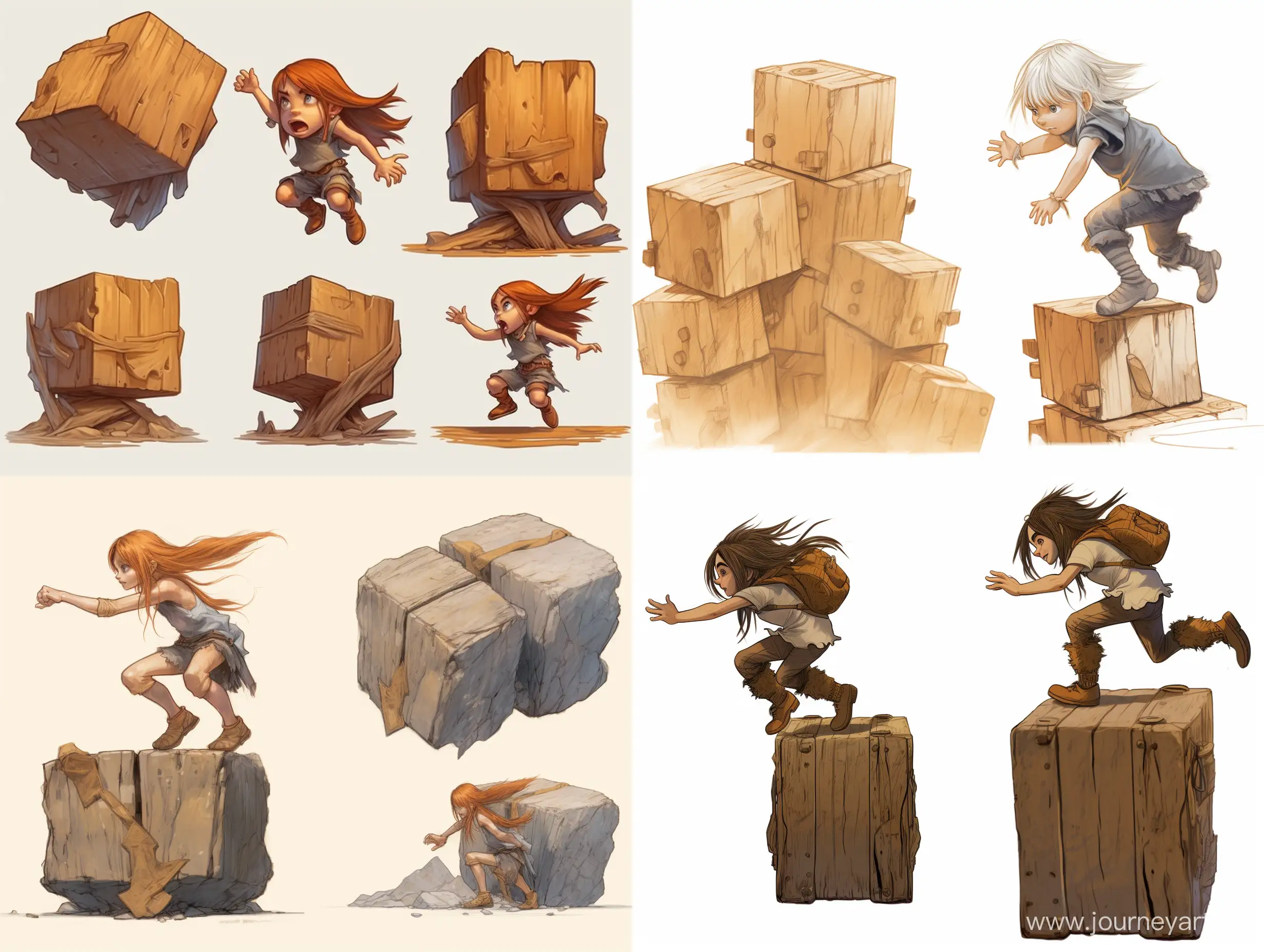 Professional sketch for wooden sculpture, life-size little troll girl jumping on a large wooden cube, fantasy characters, dynamic pose, front, back and side view, woodcarve, Artstation, highly detailed, making of, white background, 8k rendering, ultra realistic
