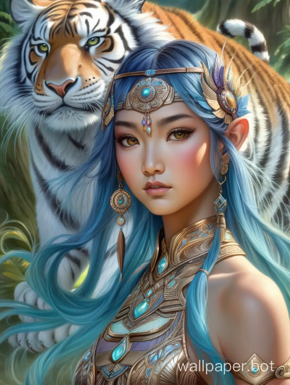 Craft breathtaking and mind-blowing magical fantasy creatures with extraordinary details and vibrant pastel colors. Envision a fantastical beautiful  asian female with tiger striped skin with a level of intricacy that captivates the imagination. Strive for a smooth gloss finish to enhance the final 8k to 16k resolution. Draw inspiration from the artistic styles of Julie bell and larry elmore. Let your creativity flow without limitations, exploring the fantastical realms of imagination. --testpfx