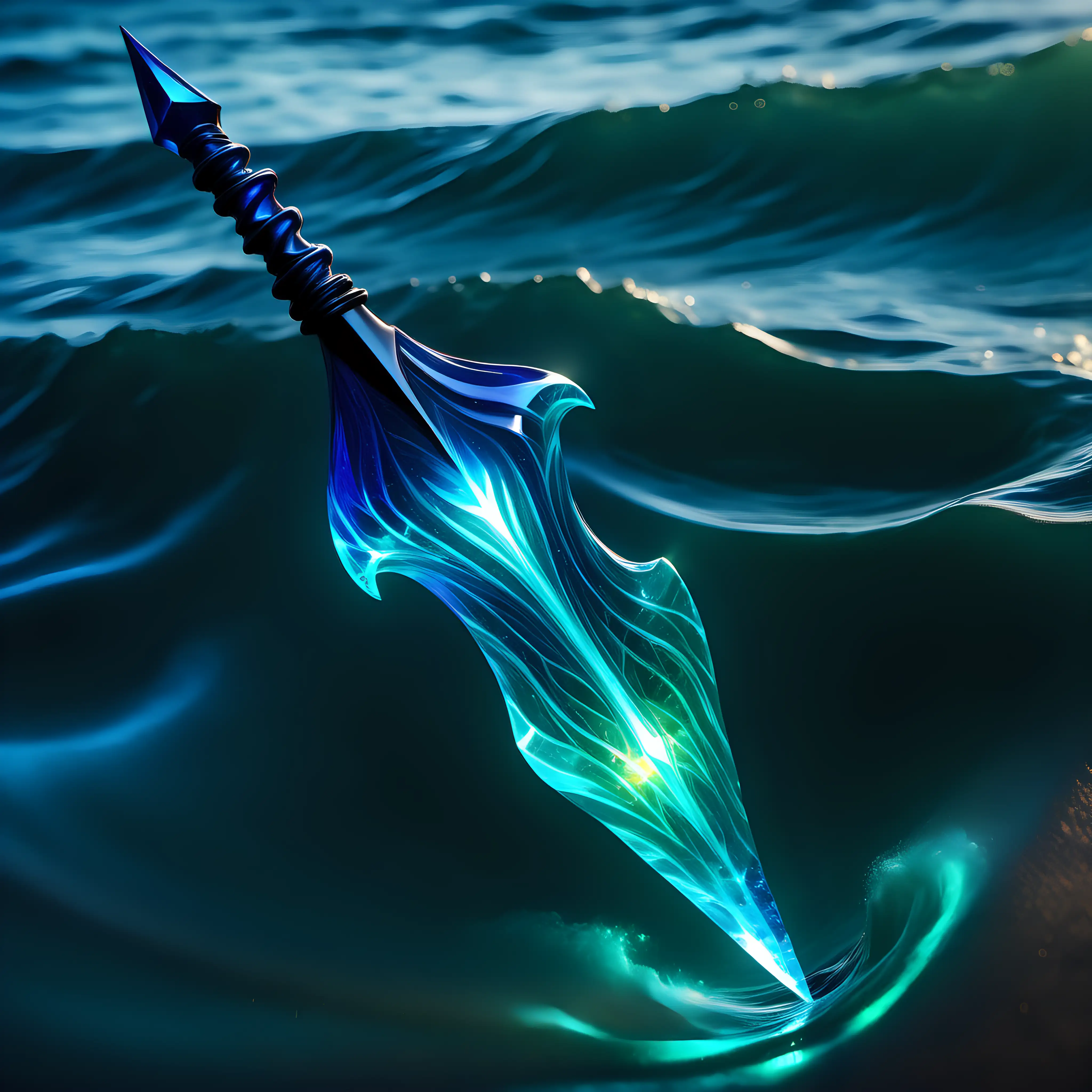 A luminous, glowing deep blue spear with iridescent green ocean waves.  Twisting, iridescent streams and a gem below the tip.