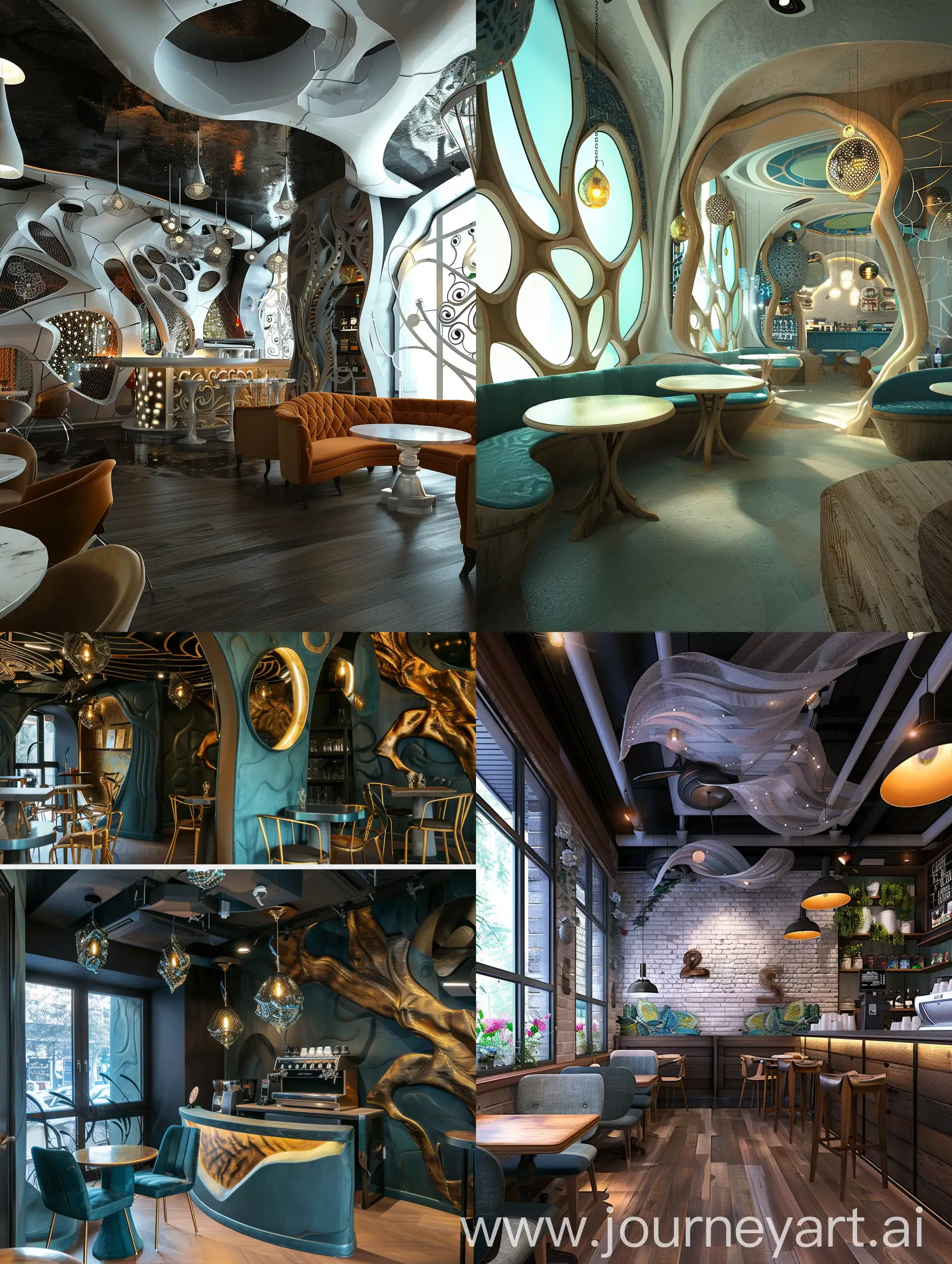 Cafe interior in a modern style, but with fantasy elements