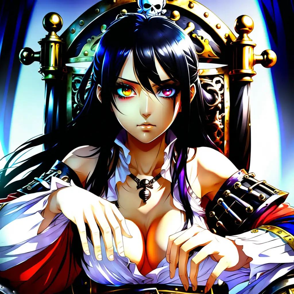 anime girl, pirate king, throne, black hair, multicolored eyes
