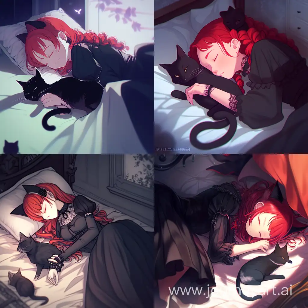 RedHaired-Gothic-Girl-Sleeping-with-Stylish-Cat