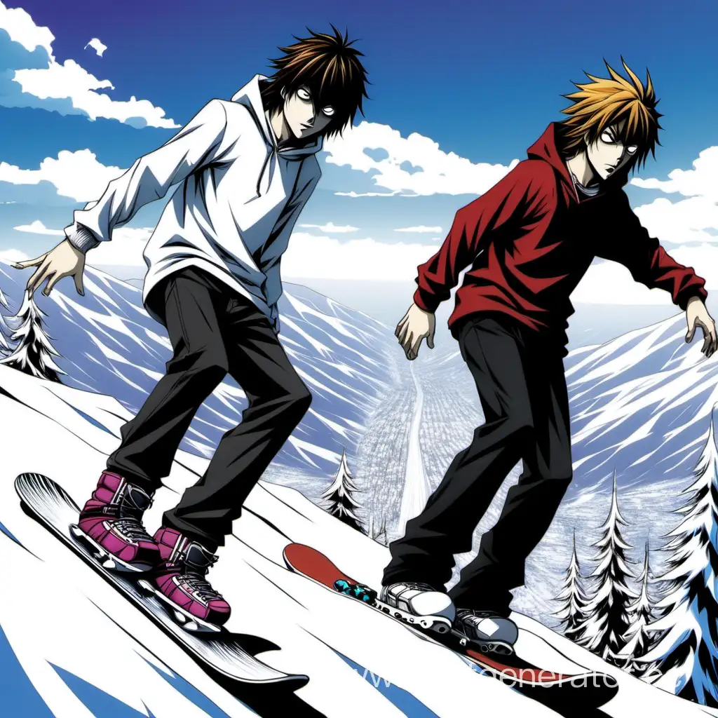 Kira и L из аниме "Тетрадь смерти" катаются на сноубордах с снежной горы
