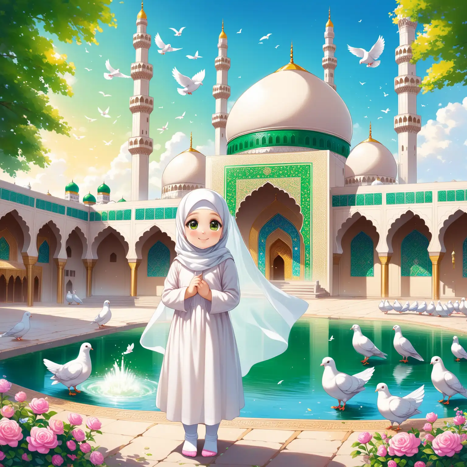 Character Persian little girl(full height, Big white flag in one hand proudly, Muslim, baby face, with emphasis no hair out of veil(Hijab), smaller eyes, bigger nose, white skin, cute, smiling, wearing socks, clothes full of Persian designs).

Atmosphere beautiful Jamkaran mosque, yard, green dome, colorful flowers, pond with water fountain, many pigeons, nobody.