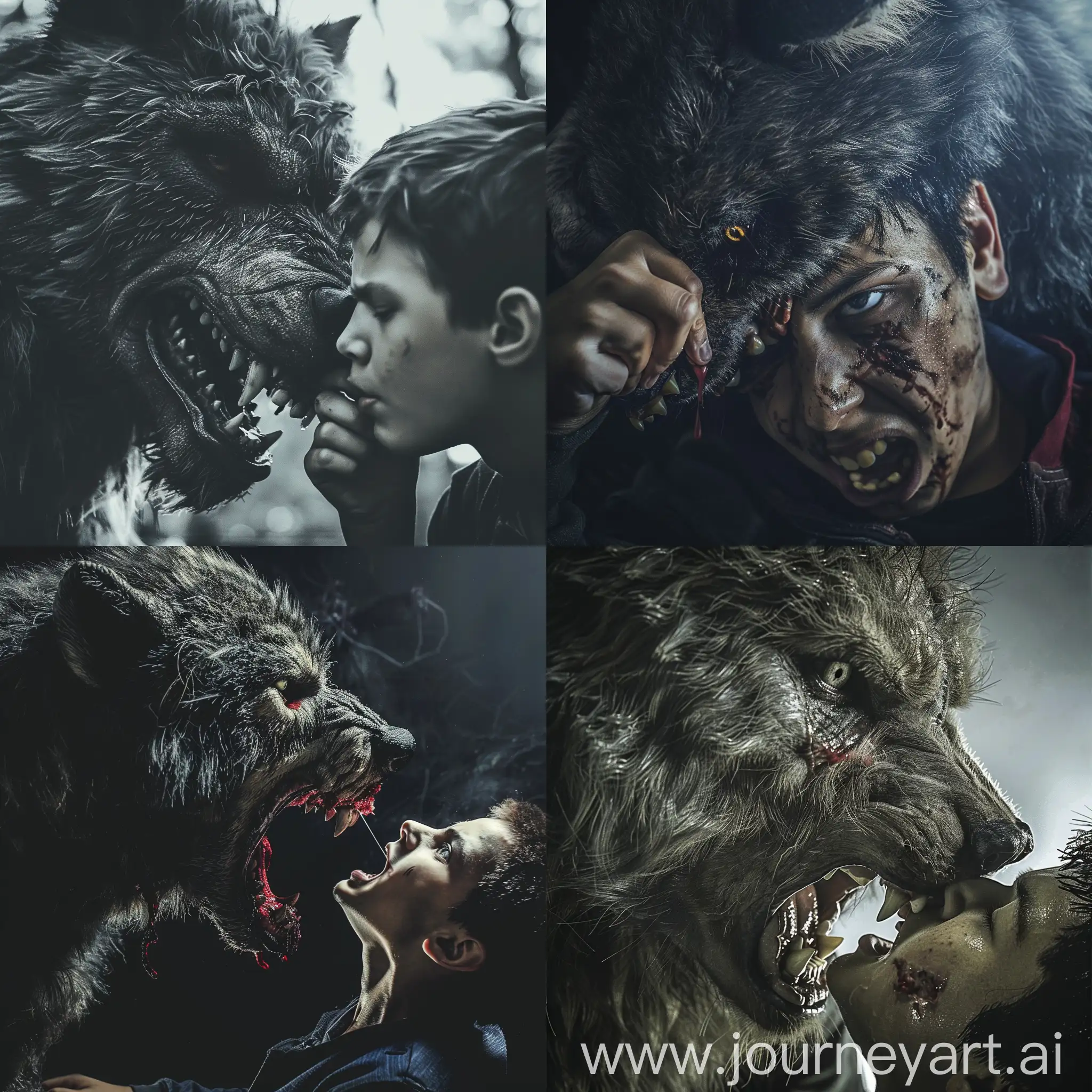 Create a hyper realistic image of a werewolf bites a teenager boy