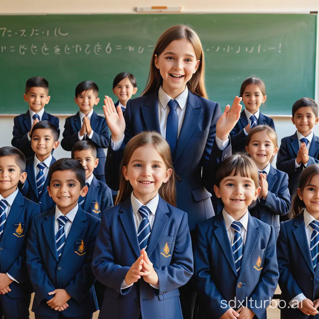 a teacher and a group of 7 years old primary school classroom, kids wearing dark blue suits ties, they applause for the person gave speech and happy