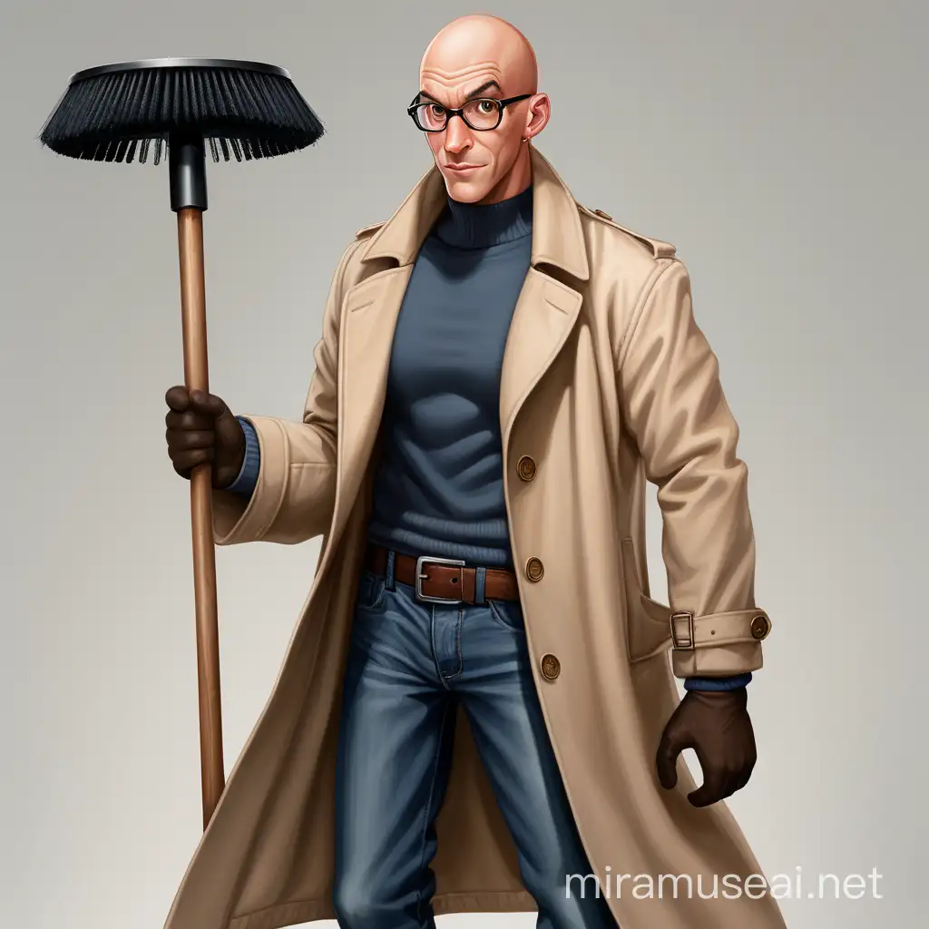 a man with a bald head with a plunger on his head, no facial hair, he also has glasses that are very very thick so you can barely make out his eyes, regular size nose, and lips, he has slight smile on his face, he wears a beige trench coat, he also has an incredible jaw line, and to see his muscles through the trench coat, he has very very dark demon jeans, and holding a mop in the position that moppy bits of it are on top and not towards the floor.