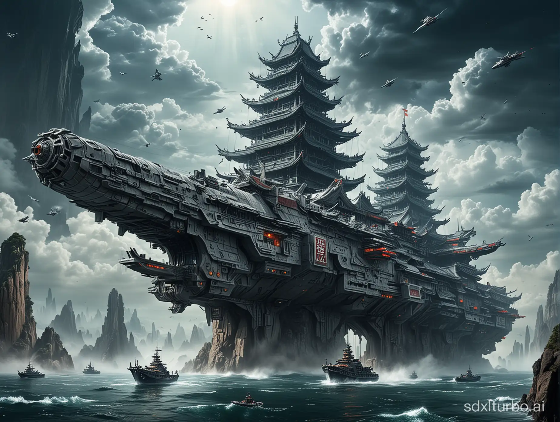 There are ancient Chinese buildings on the science fiction space battleship.