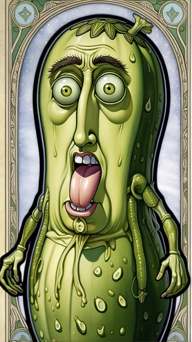 a huminoid pickle with nick cage's face, nicholas cage as a pickle , art neuvo, tarot style