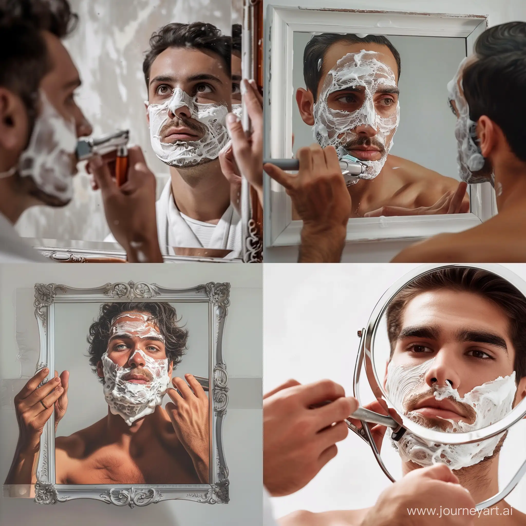 Man-Shaving-with-Razor-in-Front-of-Mirror
