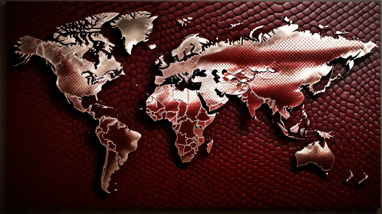3D image of world map in snake skin pattern, metallic, brown, dark red