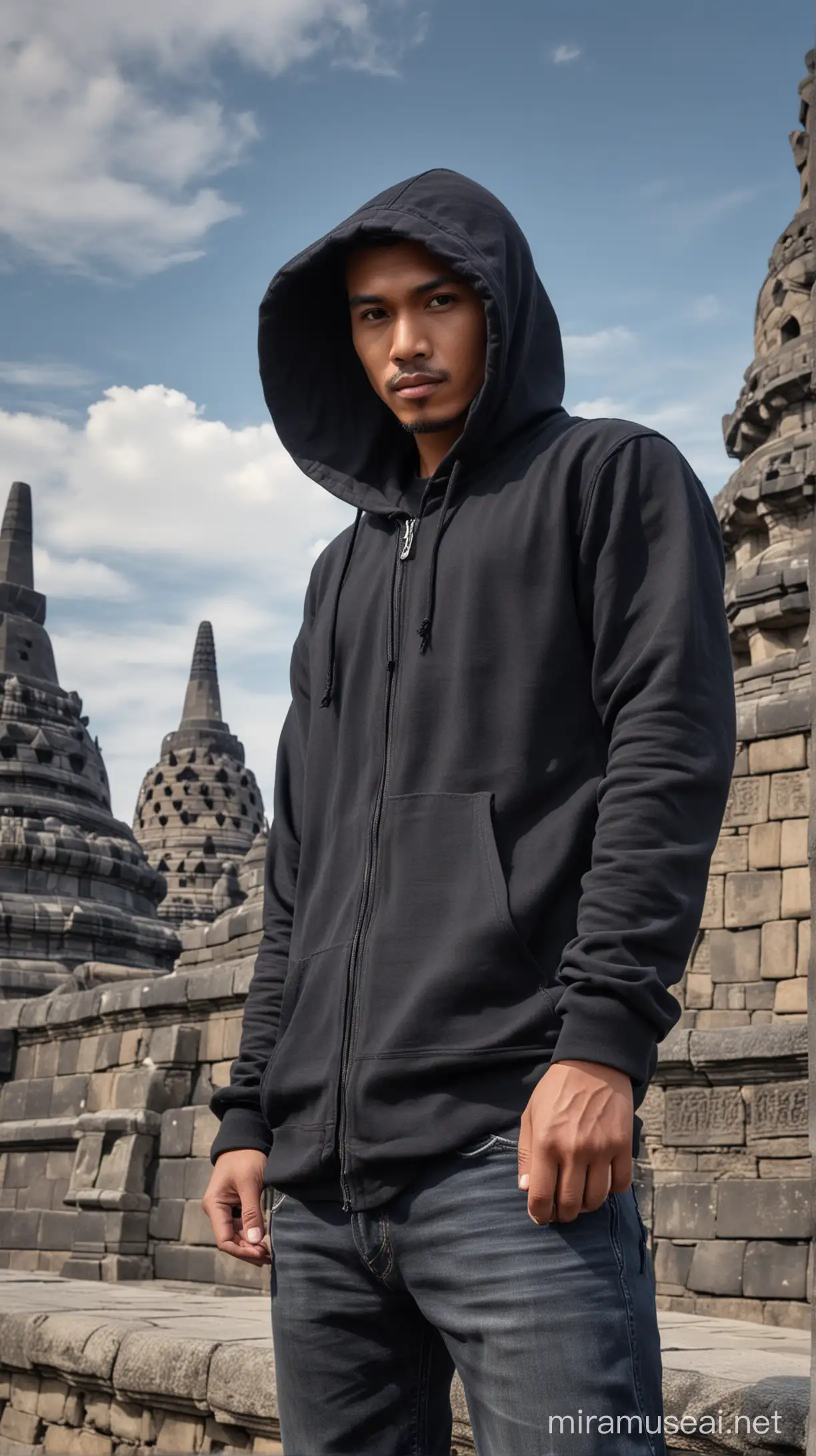 Handsome Indonesian Man in Black Hoodie Poses at Borobudur Temple