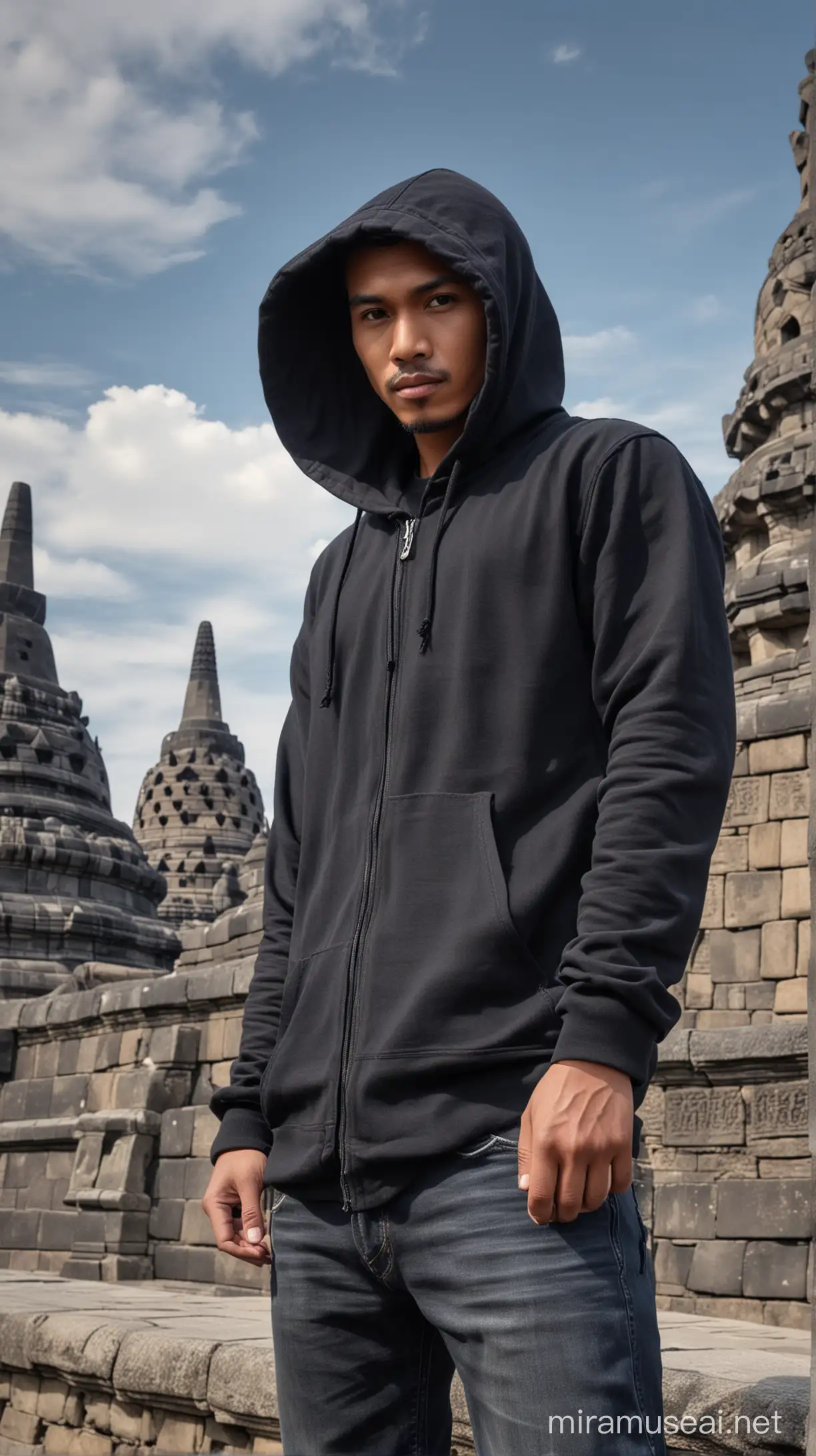 Seorang pria Indonesia tampan memakai jaket Hoodie hitam dan celana jeans panjang sedang berpose, close up berdiri menghadap kamera di bawah candi borobudur Indonesia resolusi ultraHD 32K, HDR, lensa 800mm, realistis , hiperrealistik, fotografi, fotografi profesional,