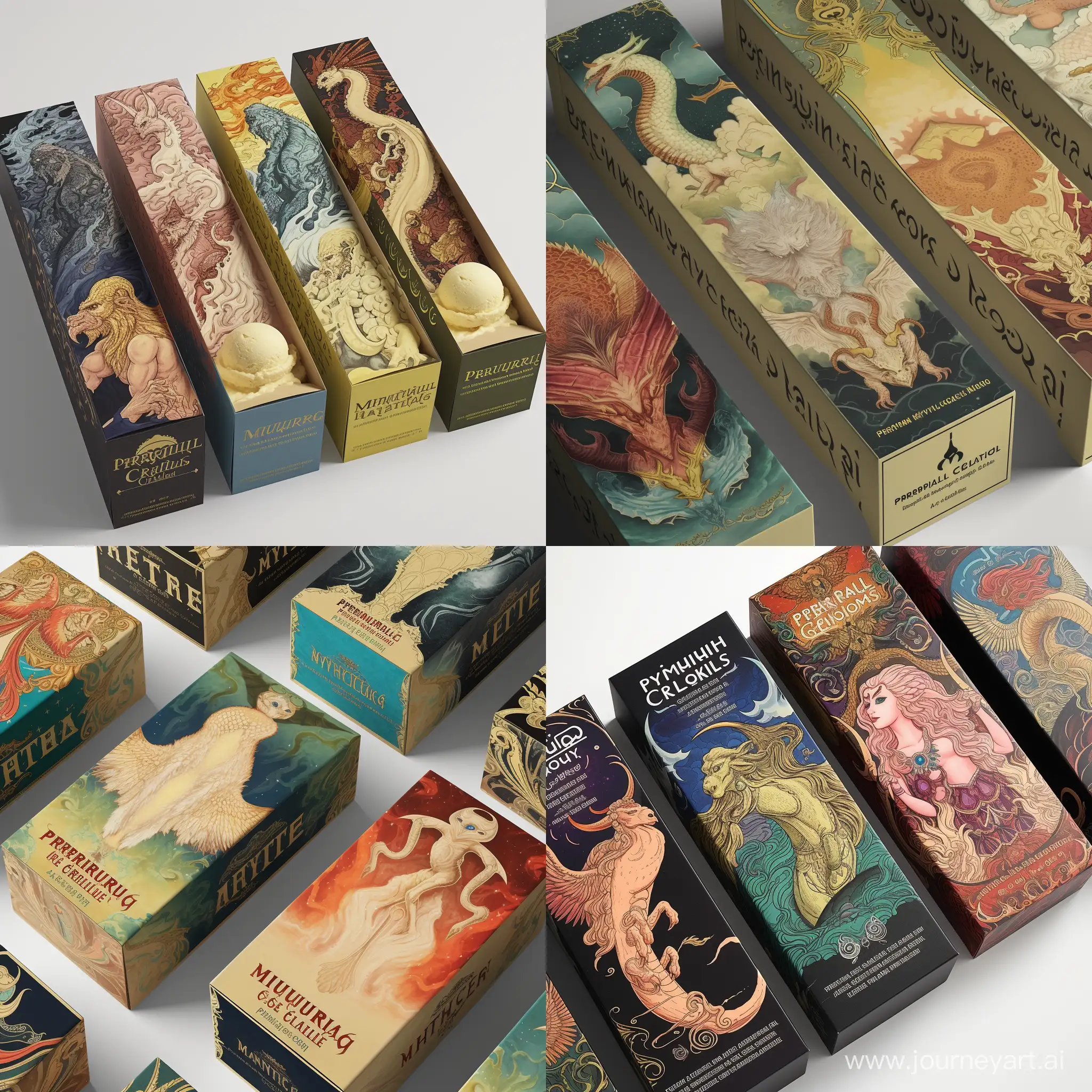 imagine an image of:1.Create a series of eco-friendly ice cream packaging featuring mythical creatures from ancient Persian lore, such as the Simurgh and Manticore. Each flavor will be represented by a different creature, with accompanying mythical stories and lore printed on the back of the minimapackaging.
2.Utilize premium cardboard with a luxurious matte finish to ensure sustainability and a high-end feel, while featuring rich and minimal colors based on each mythical creature to visually appeal to fantasy and mythology lovers.
3.Incorporate traditional Persian artistic renditions of the creatures, with detailed backgrounds, and use a bold, traditional Persian font for the brand and product name to evoke a sense of cultural storytelling and visually striking design.
4.The packaging should take the form of a standard rectangular box with a top-opening lid, similar to a standard ice cream tub, with dimensions approximately 6 inches long, 4 inches wide, and 2.5 inches high.
5.By combining elements of traditional Persian art, mythical storytelling, and premium packaging materials, the "Persian Mythical Creatures" ice cream series will offer a unique and captivating experience for consumers.realistic style