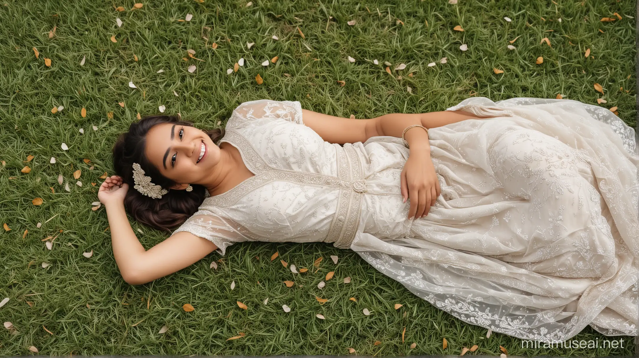 Beautiful girl in 20s, looking like Reem Sameer Shaikh, wedding dress, lying on grass, wide smile, shy look, eyes half shut 