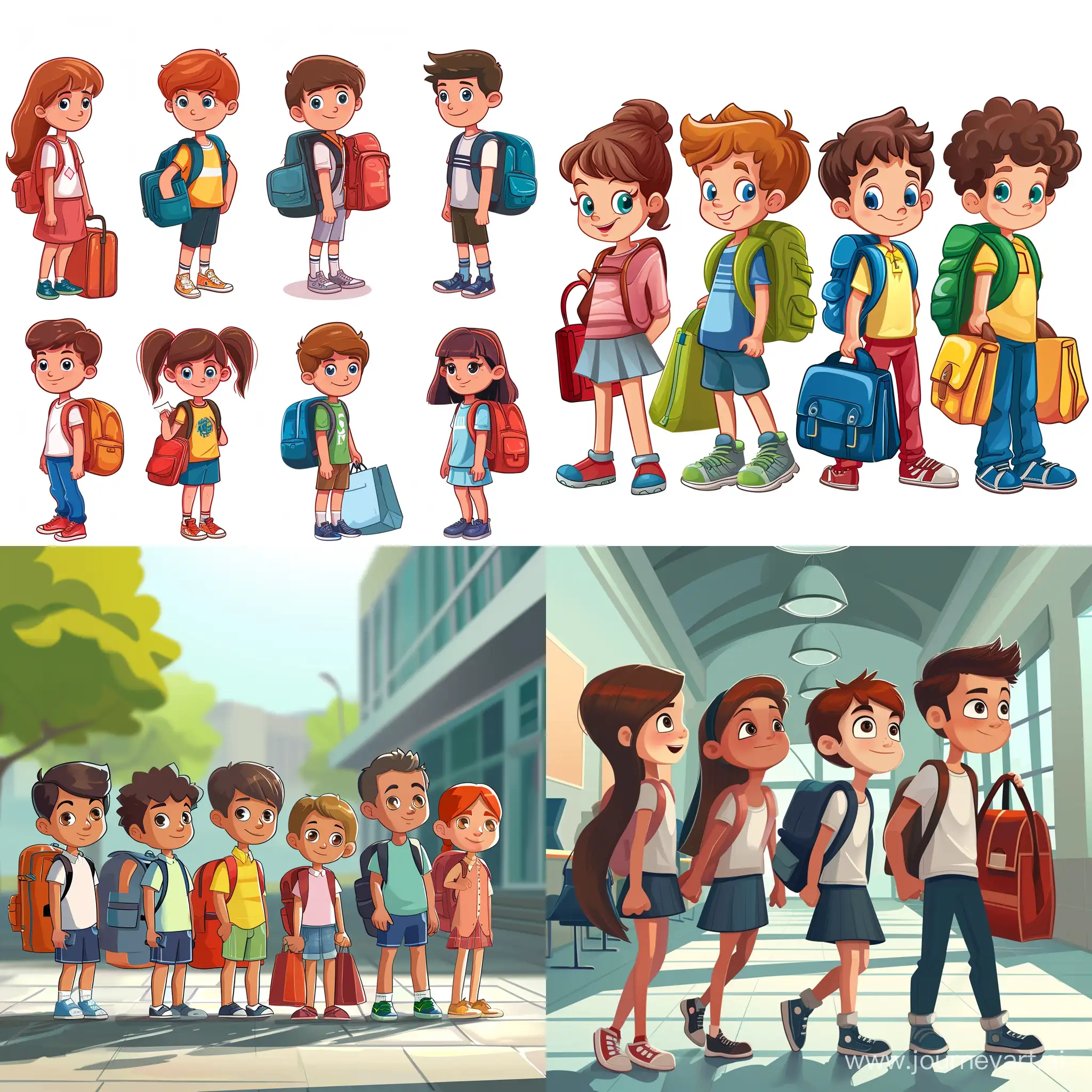 School kids animation with bags cartoon