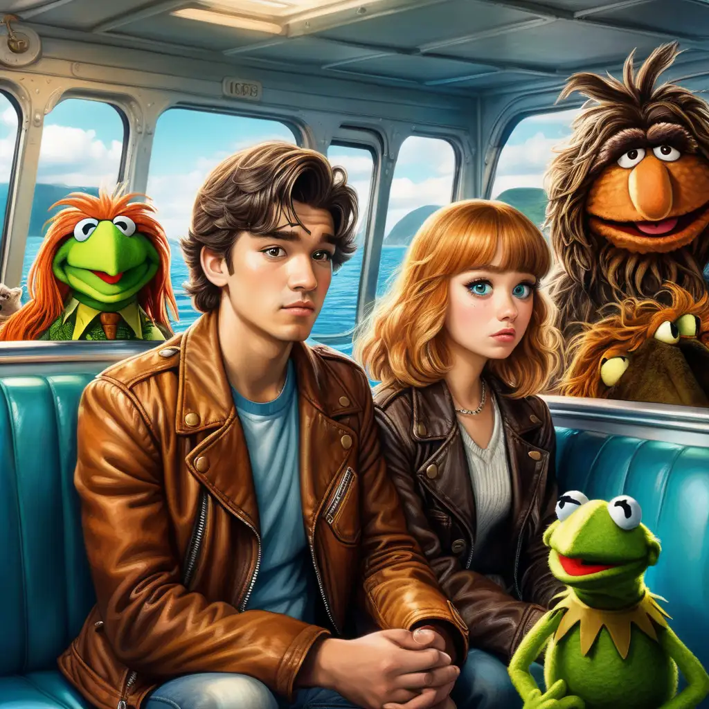 a young man wearing a brown leather jacket sat next to a beautiful young woman both of them look forlorn, sitting together in a ferry boat surrounded by fifty fantasy creatures, muppets and bizarre animals