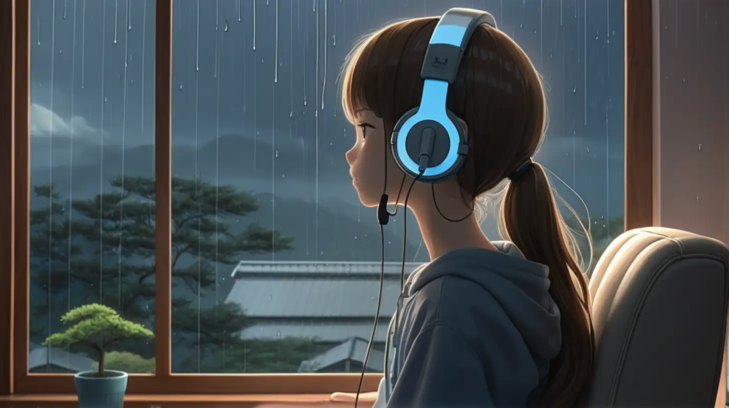 japanese anime inspired, teenage girl with a headset on a chair, watching rain out of the window