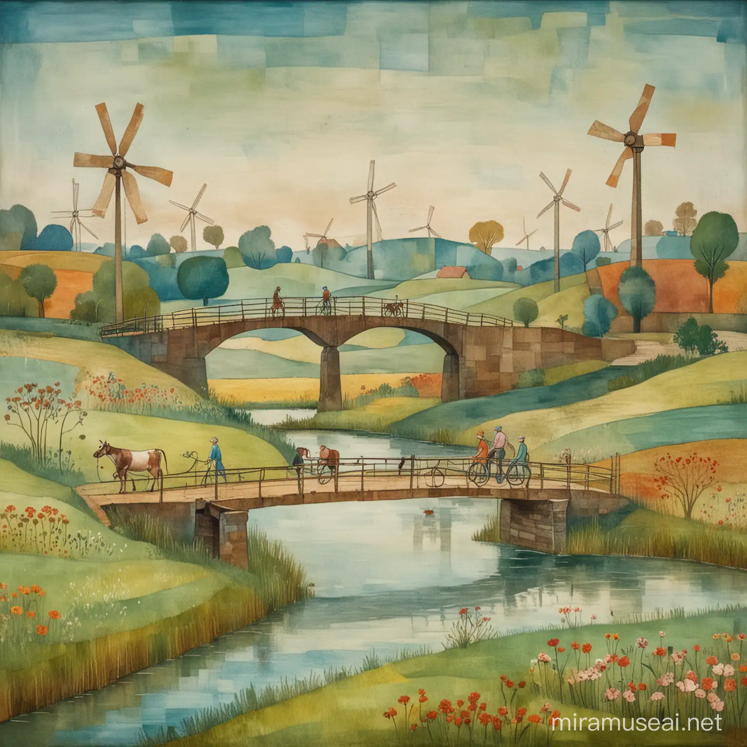 Eine Wiesenlandschaft mit einer Brücke und einem Mann und einer Frau, die mit ihrem Fahrrad darüber fahren, und ein paar Kühen und Windrädern im Stil von Paul Klee