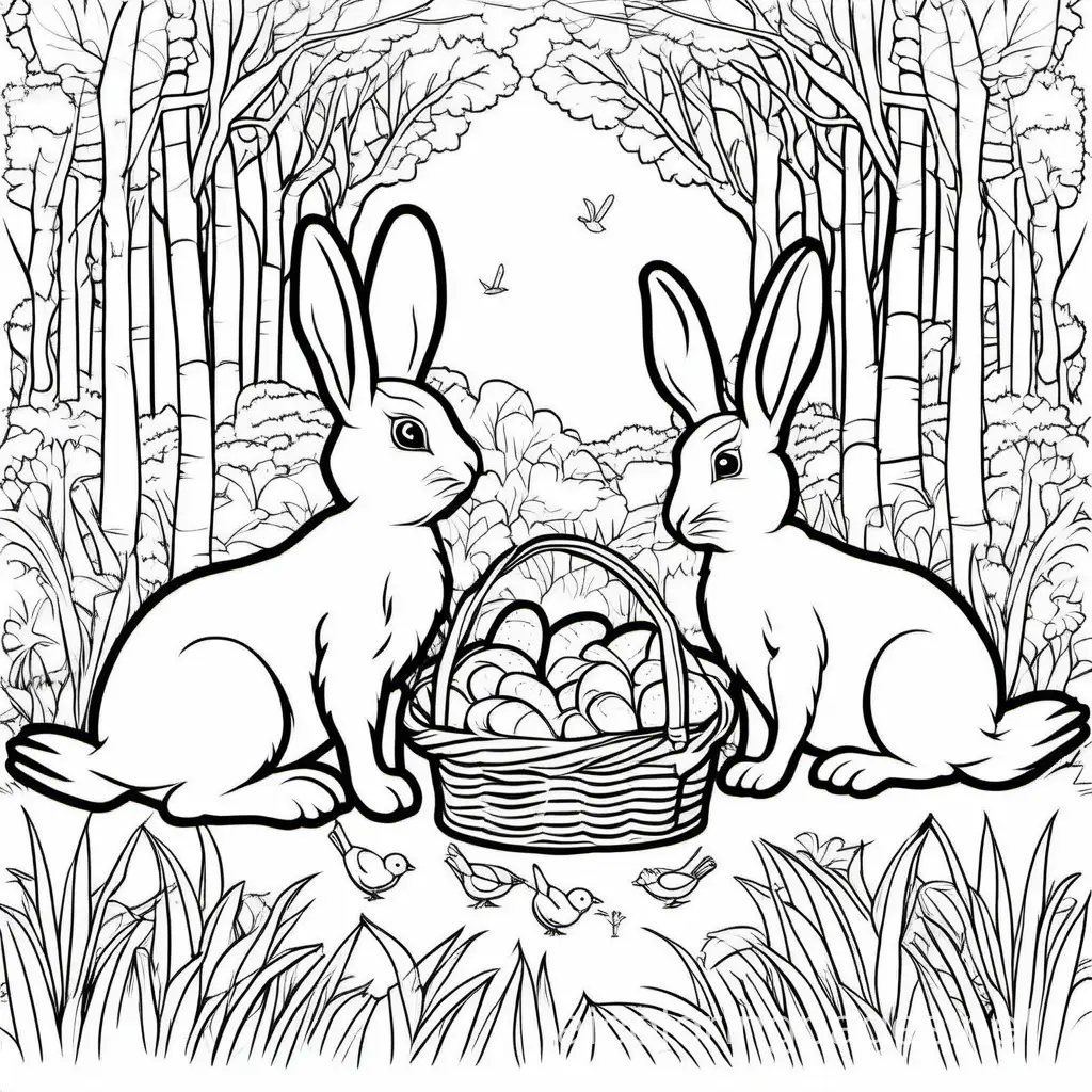 Bunnies sharing their carrots and food with nice looking birds in a forest meadow, Coloring Page, black and white, line art, white background, Simplicity, Ample White Space. The background of the coloring page is plain white to make it easy for young children to color within the lines. The outlines of all the subjects are easy to distinguish, making it simple for kids to color without too much difficulty