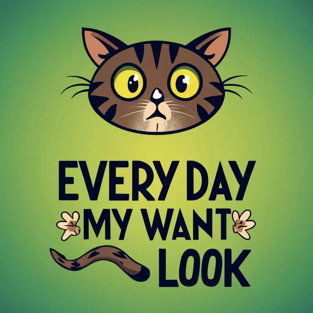logo, A scared and shocked cat with big eyes looks away and wants to hide, with the text "Every day my look", typography, be used in Entertainment industry
