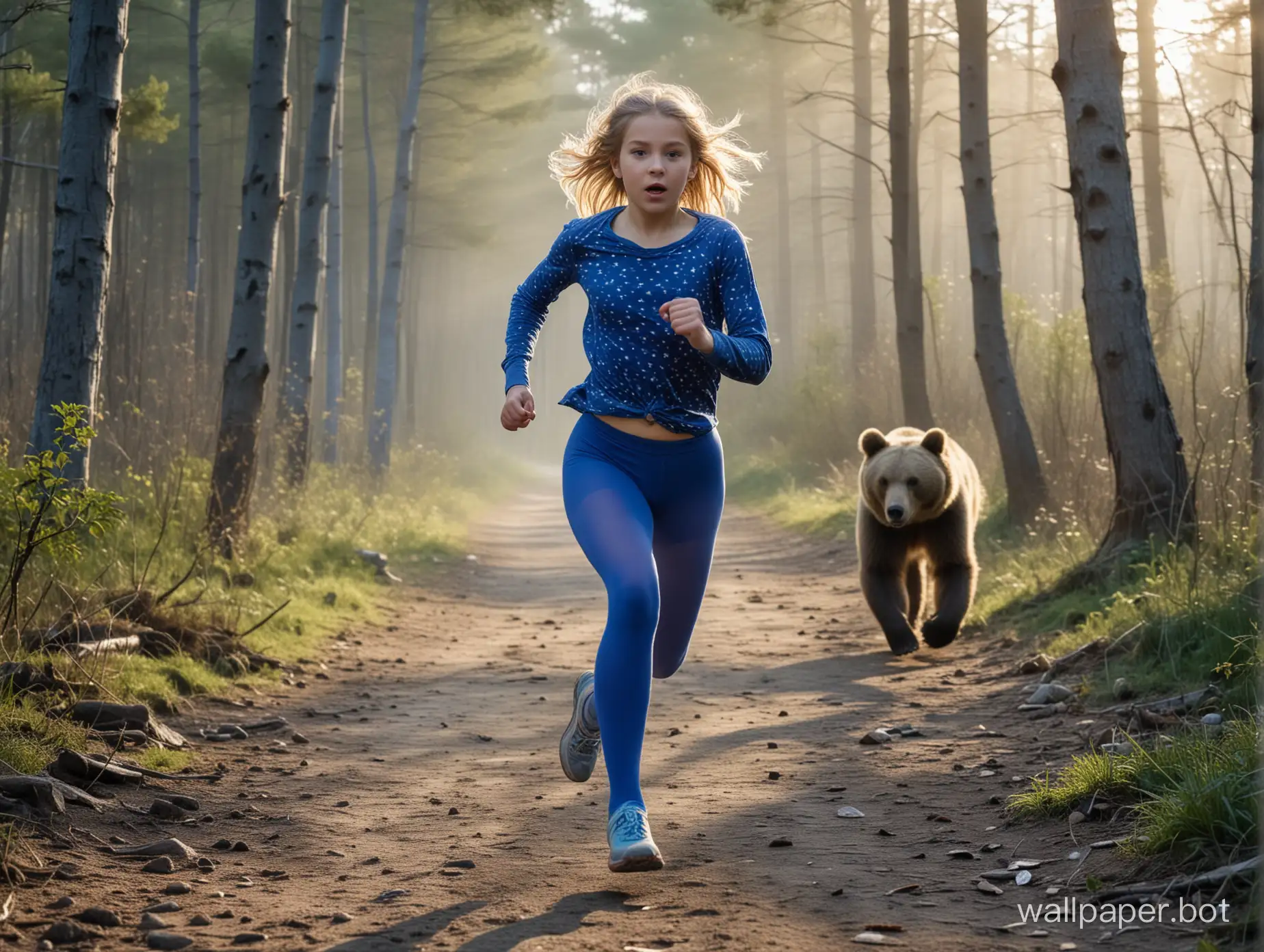 A young girl is running away from a bear in the forest. She didn't have time to get dressed. She is only wearing a shirt and blue tights. She is running along a forest trail early in the morning.