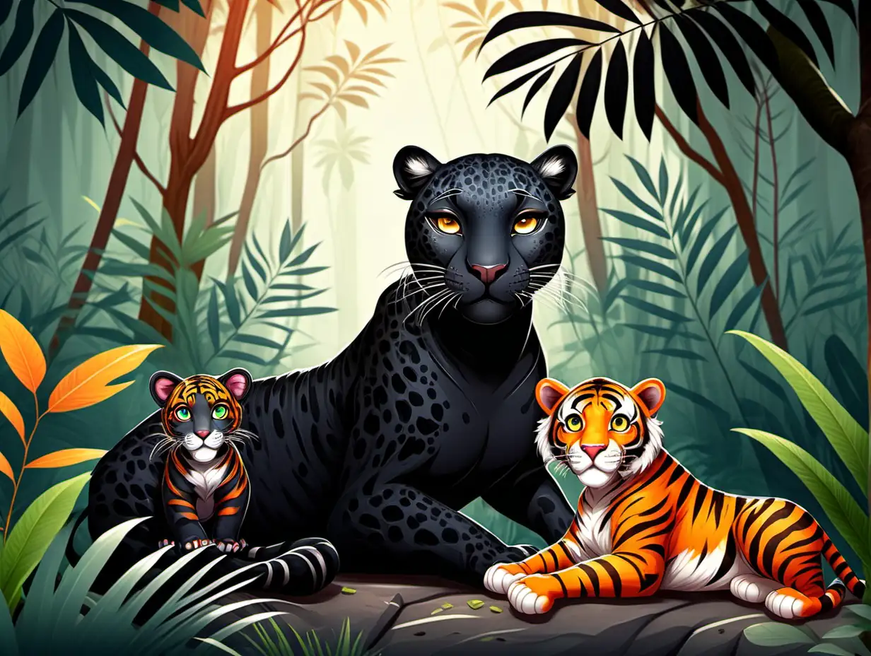 a kind and gentle female black leopard friends with a tiger in the jungle (for a children's book)