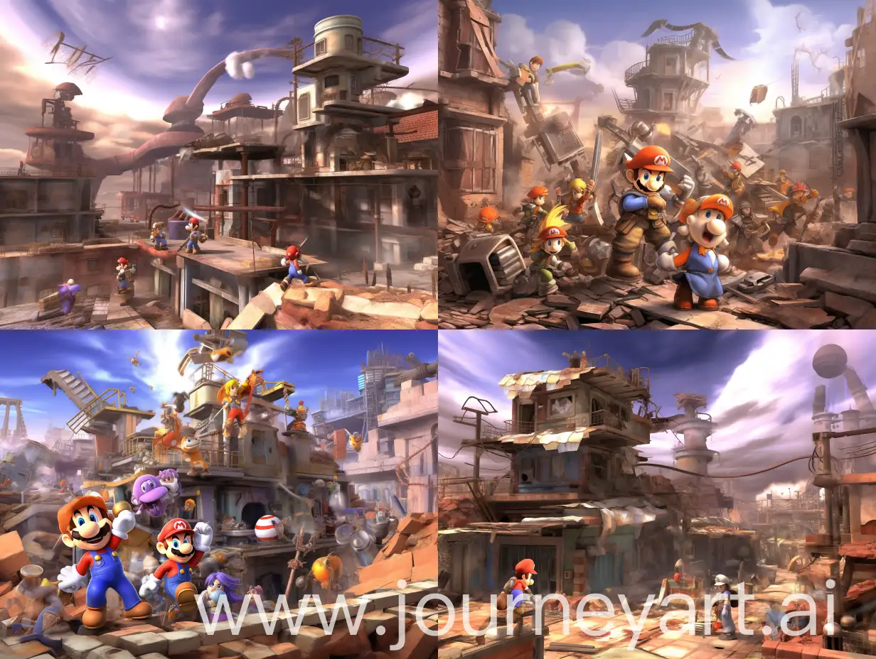 Super Smash Brothers Brawl characters wearing hard hats and demolishing an abandoned building