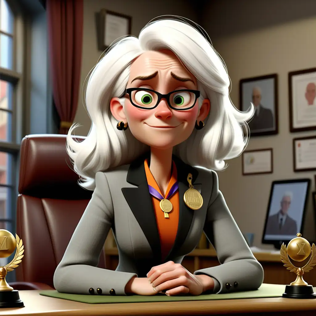 The female mayor of Ghent with white hair aged 40 is going to take the medals from her table in the office.  Disney Pixar Style. 