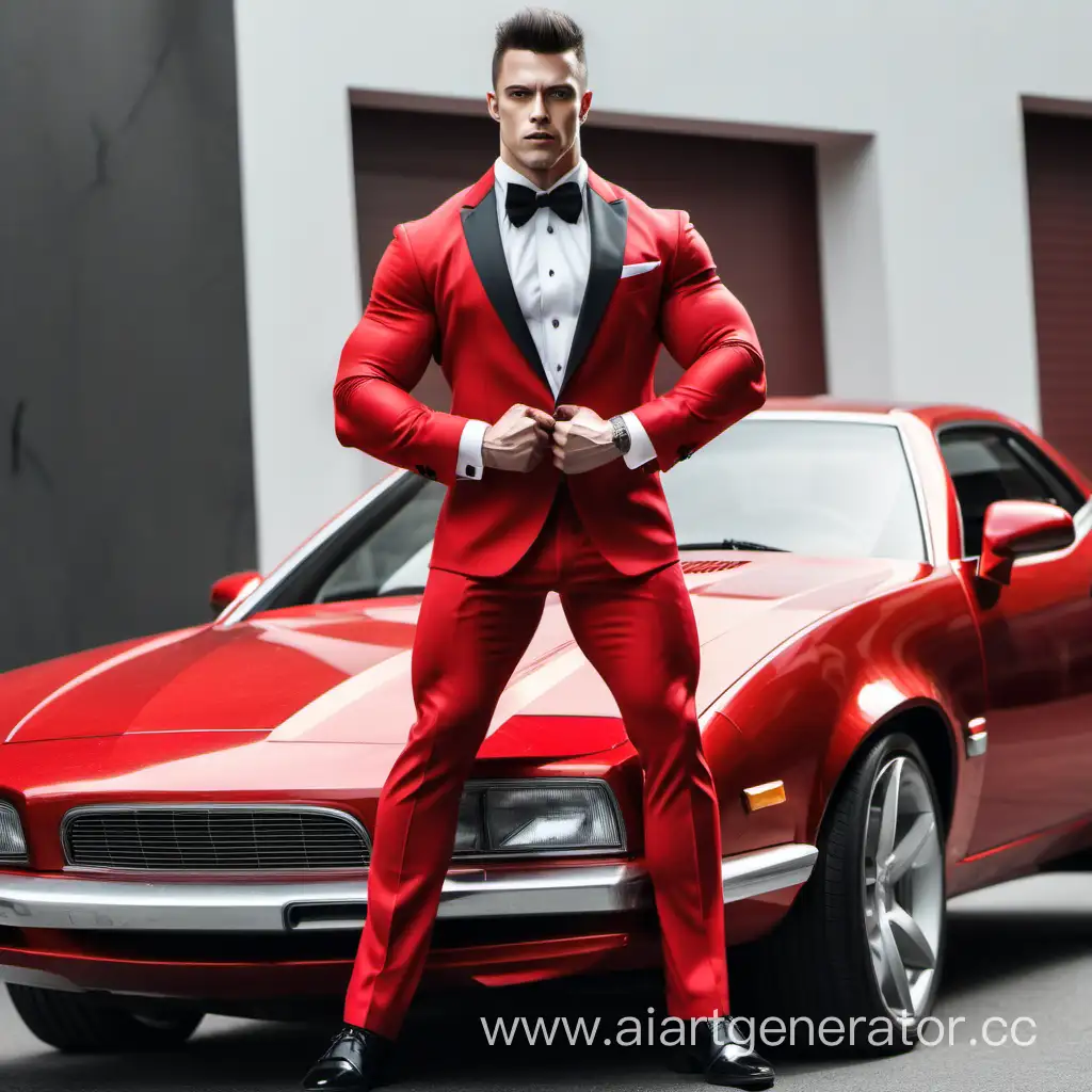 Muscular-Man-in-Tight-Red-Tuxedo-Attempting-to-Lift-Car