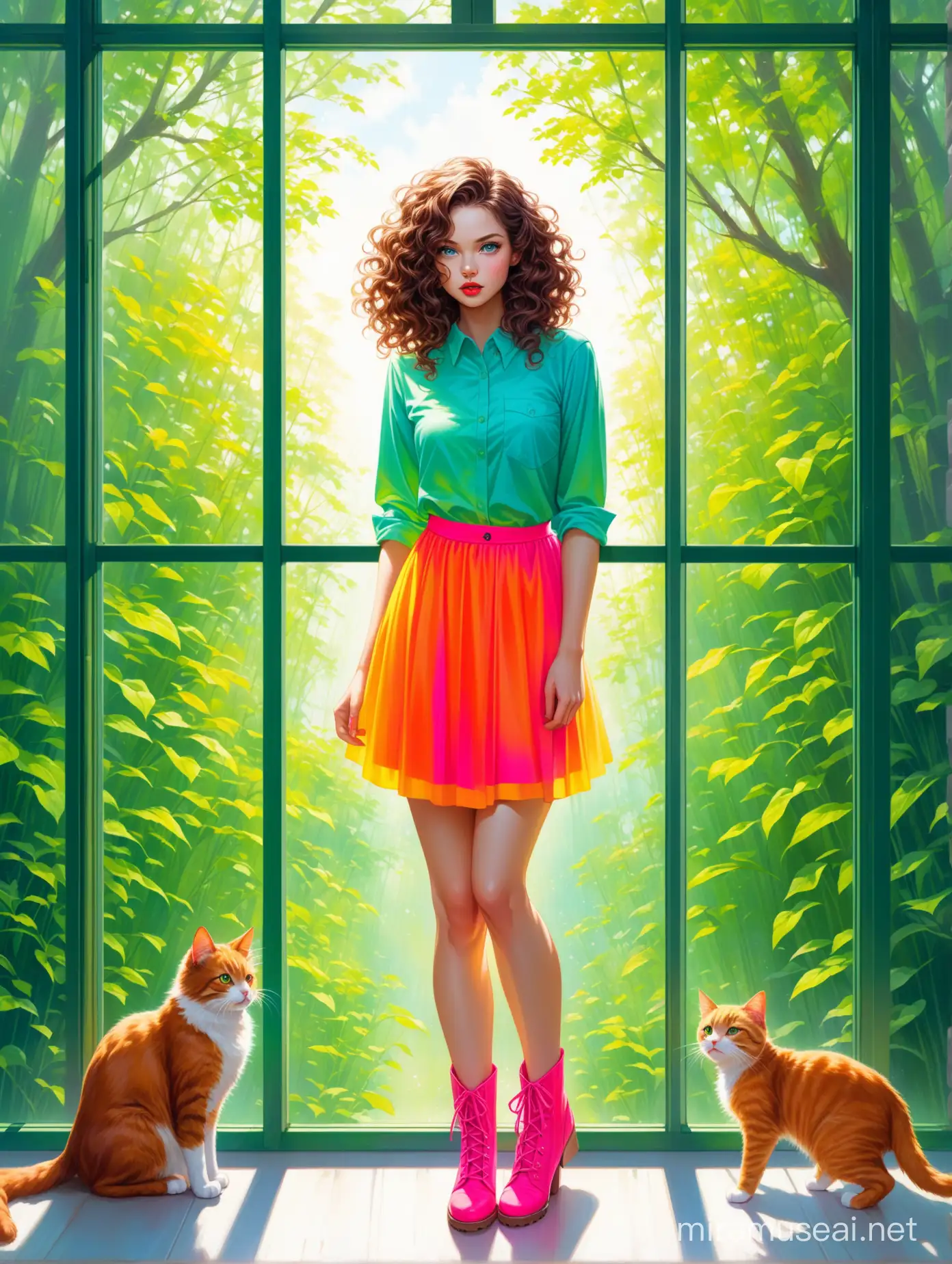 Aivision, strong neon colors, full body of beautiful young women with dramatic expression, prety blue eyes , curly hair, , full red lips, brown hair, She wears a shirt and green skirt , she wears amazing boots in neon colors,full body . she looks out the window anxiously ,colorful spring environment , cat ,image realistic, realistic facial features, Fairy Tail, Extremely detailed , intricate , beautiful , fantastic view , elegant , crispy quality Federico Bebber's expressive, full body, Coordinated colours,
