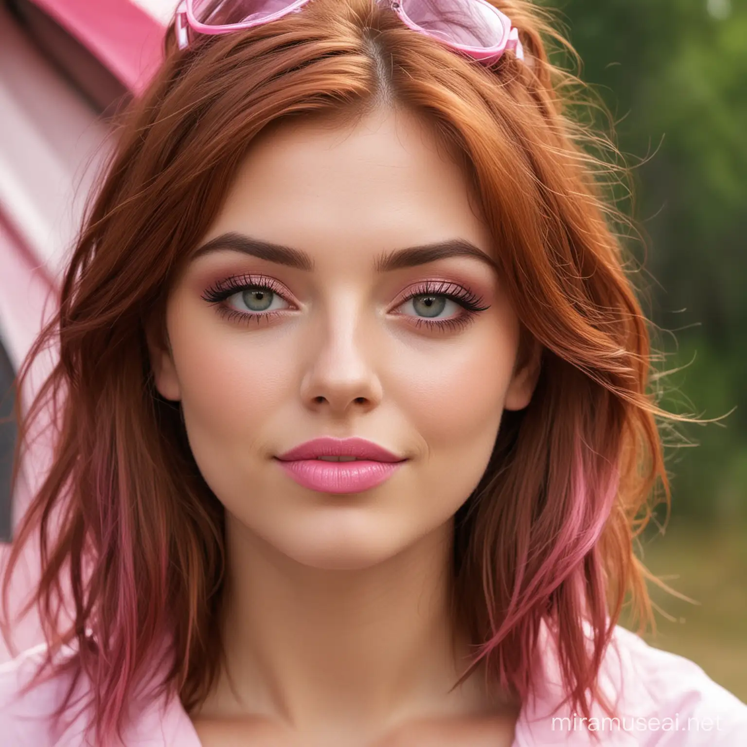 beautiful 26 year old woman, auburn hair, wearing pink camping close, perfect makeup, pink lips, short paints.