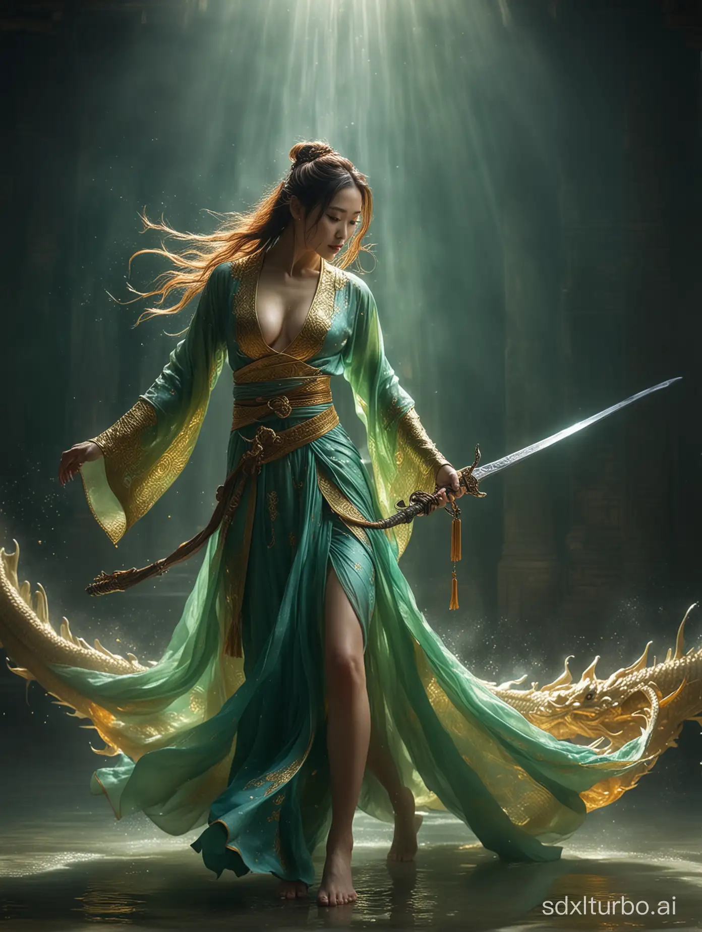 Oriental style beauty, sword in hand, sword dancing, green and gold clothing, a glowing golden dragon walking behind, realistic and ethereal style, Eastern Zhou Dynasty, the background of the picture is the strong air flow of the picture impact, 8k, fantasy, allegorical, epic, shining blue magic light. Abstract photo, intense light, Rembrandt lighting, style in fluid color combination, surreal water, slim belly, extremely low cut revealing clothing., sagging breasts, revealing thick legs. naked belly