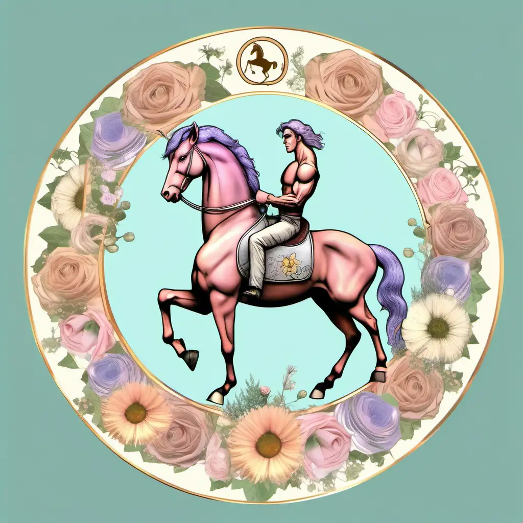 Create a pastel shabby chic  cartoon image of the Sagittarius zodiac sign centaur (half man, half horse) with complimenting flowers embedded in the symbol; all of this inside of a pastel circular frame on a transparent background