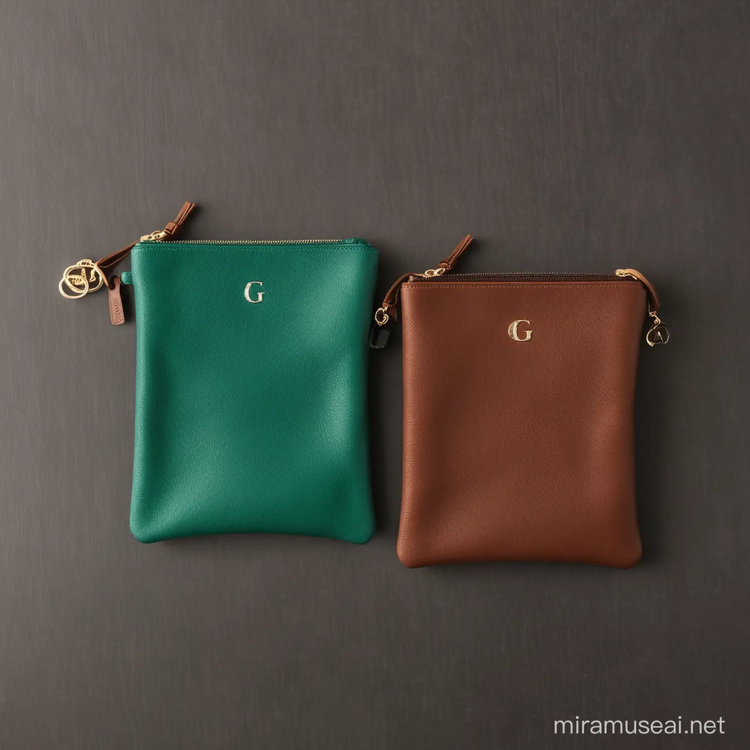 2 luxury travel pouches with a G charm on the zipper in a green emerald color and a brown espresso color