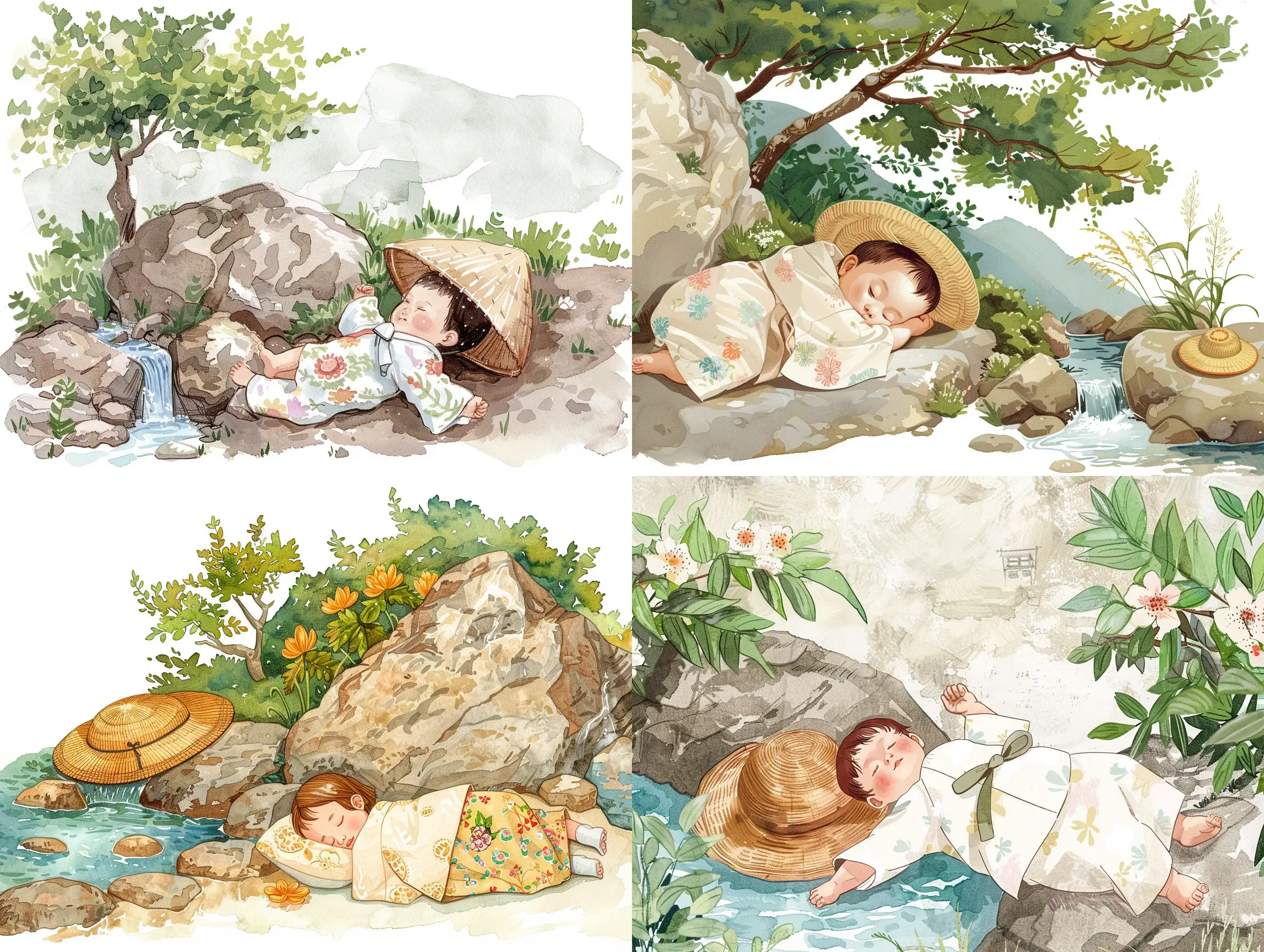 Illustration like fairytale about korean baby lies on the kimono near a spring flowing under a rock, near hat