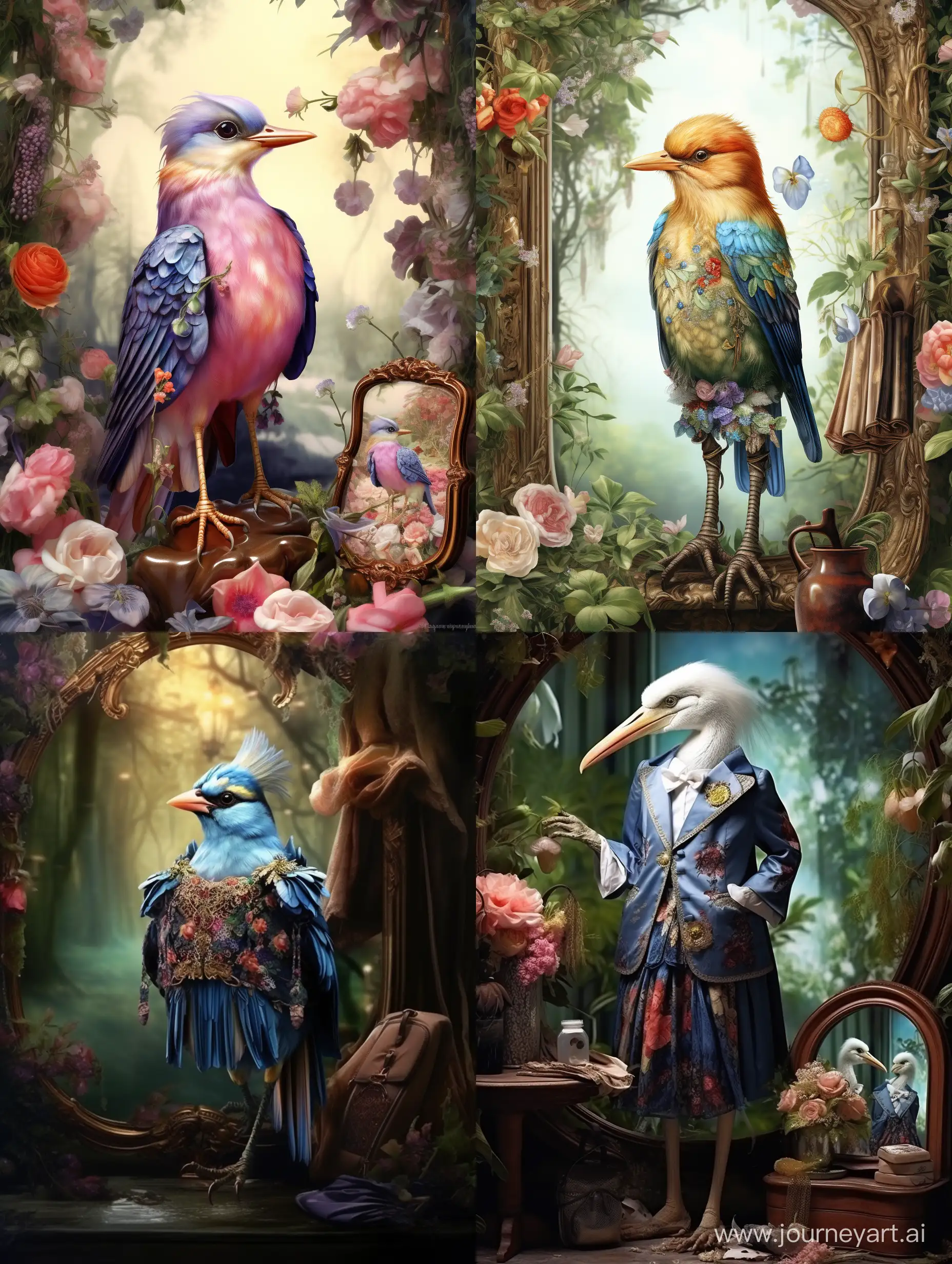 cool fashion Paradisaea mirror bird! in clothes and with perfume in hand, detailed, realistic, beautiful background