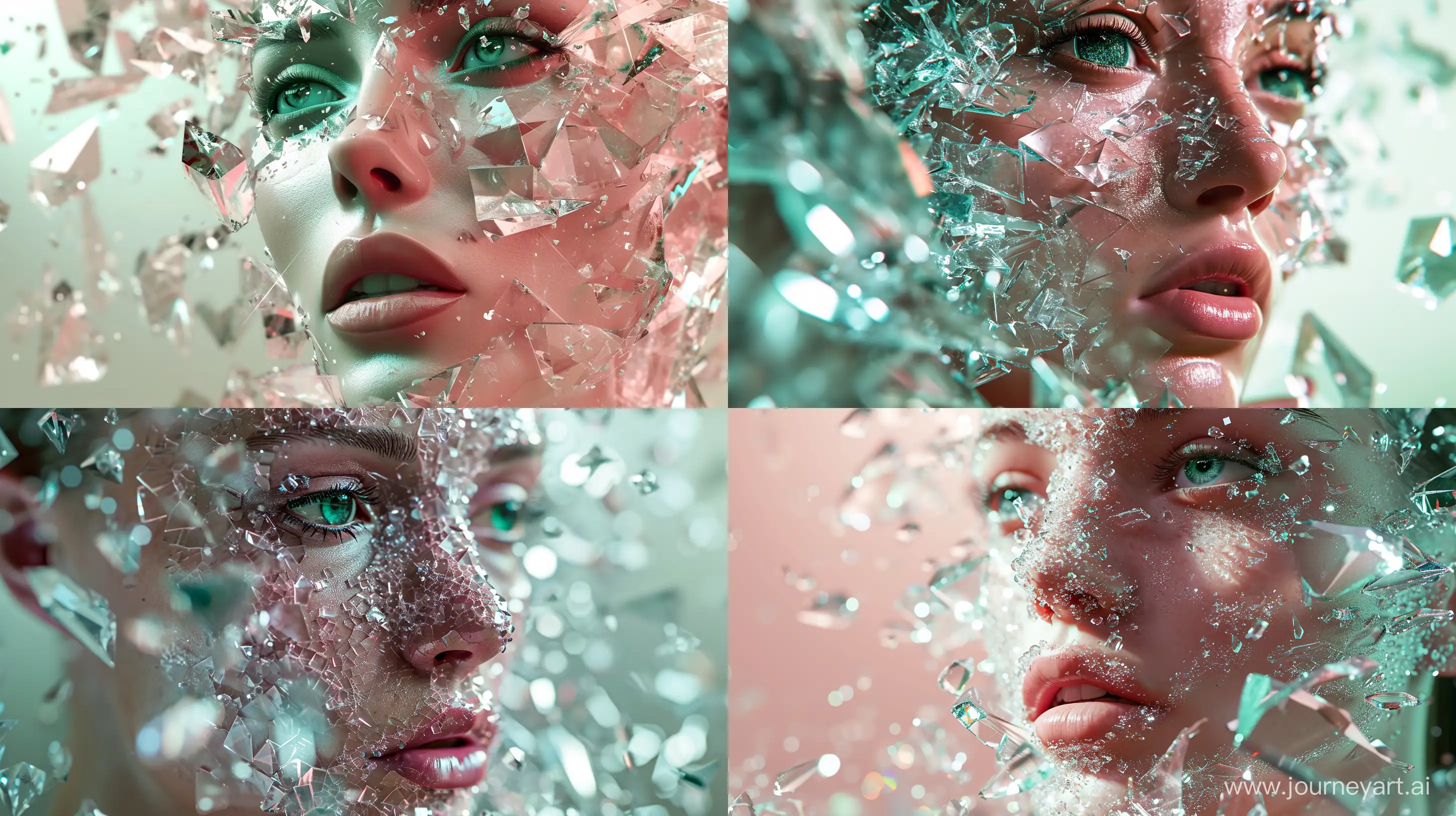 a woman's face made of pieces of glass and crystals, hyper-realistic details, in the style of light pink and emerald, mosaic-inspired realism, shiny/glossy, uhd image --ar 16:9 --style raw --v 6