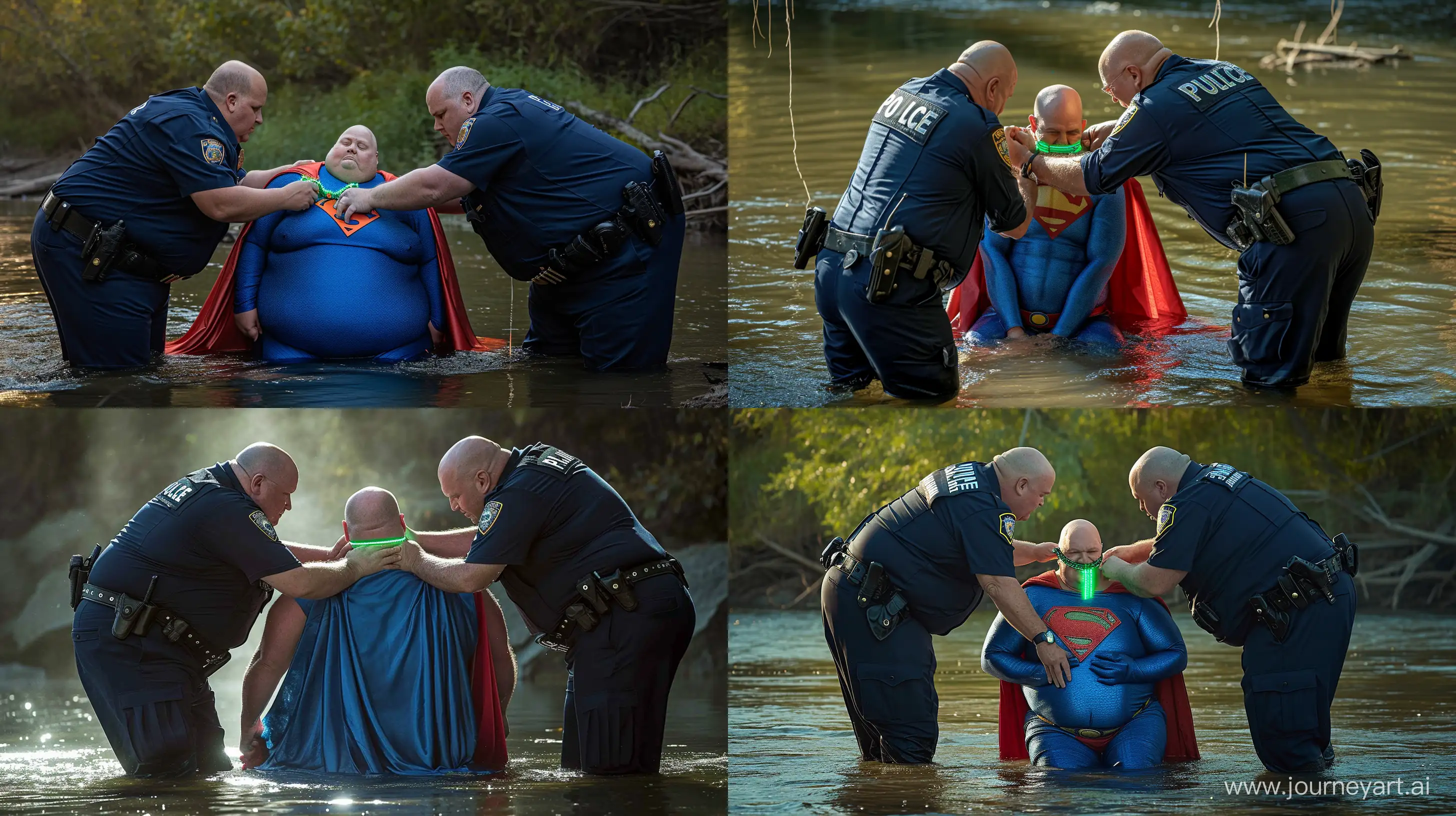 Elderly-Police-Officers-Secure-Glowing-Dog-Collar-on-WaterSoaked-Superman
