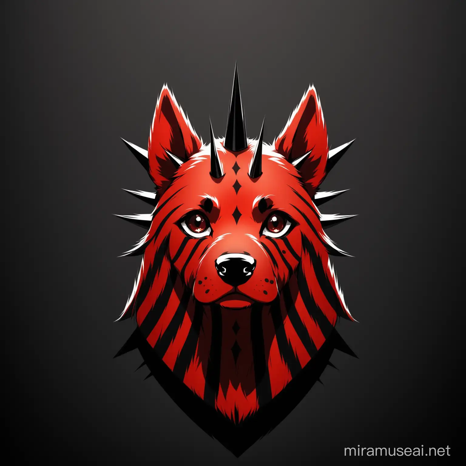 A dog with red skin and black stripes and three small black spikes on its head against a background of black colour and motiffs