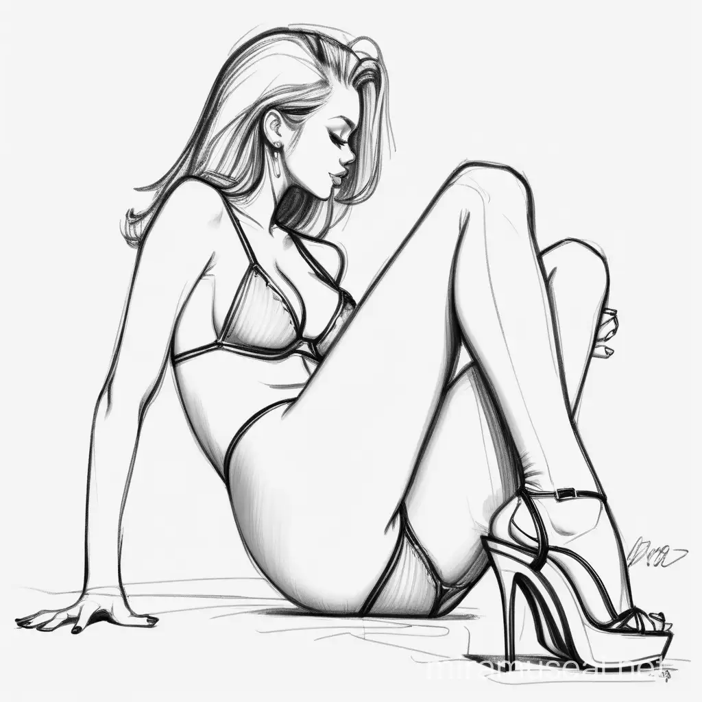 Laying Woman in High Heels Underwear Sketch
