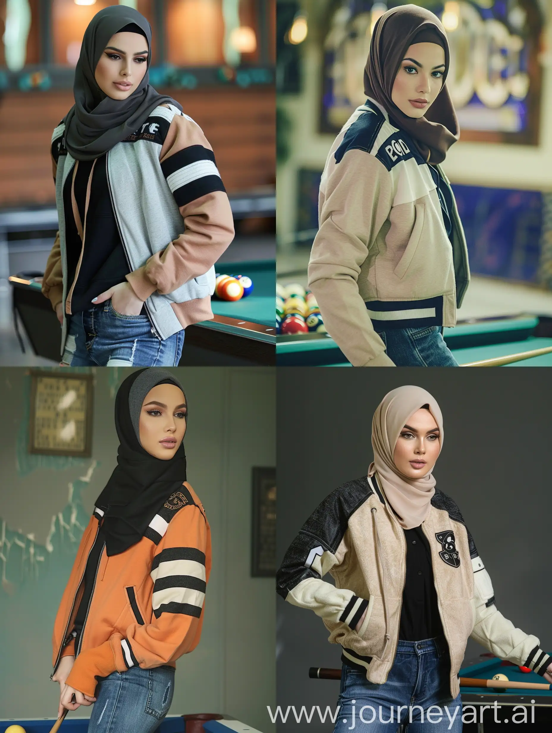 Stylish-Woman-in-Hijab-Playing-Billiards-in-Varsity-Jacket-and-Jeans