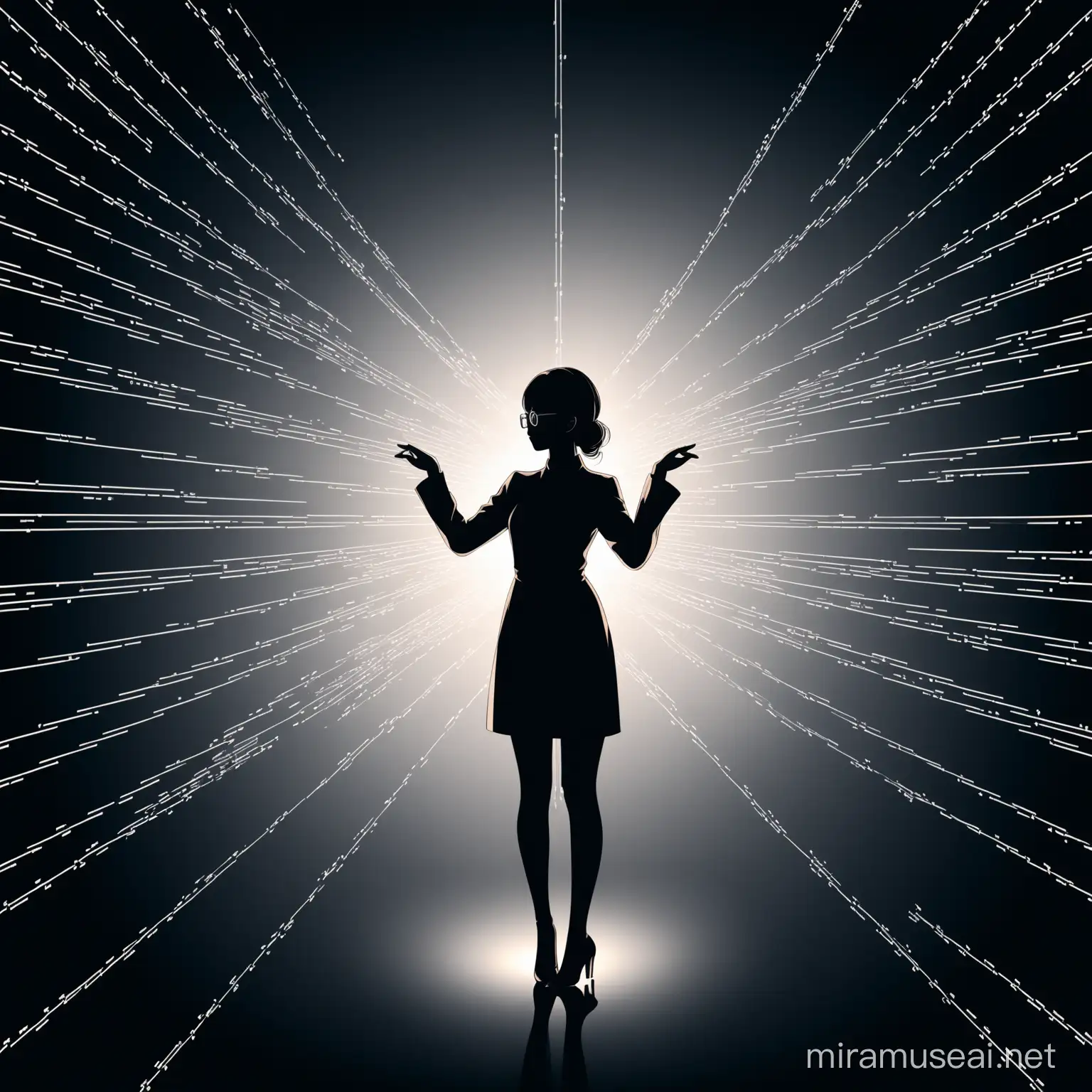 Create an elegant silhouette of a poised young woman wearing stylish glasses, standing confidently in a conductor-like pose. She appears to be engaged in programming, with lines of code subtly integrated into the background. The silhouette should convey a sense of skill, sophistication, and mastery, blending the worlds of technology and orchestration seamlessly.