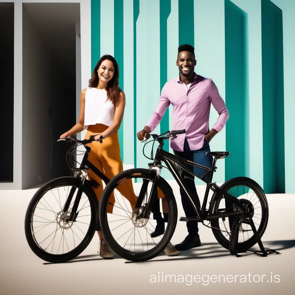 Commercial photography of, Bicycle Rental , in background, a front shot of two attractive customers smiling, dressed casually, geometric composition, bright lighting, minimal style, ultra high definition