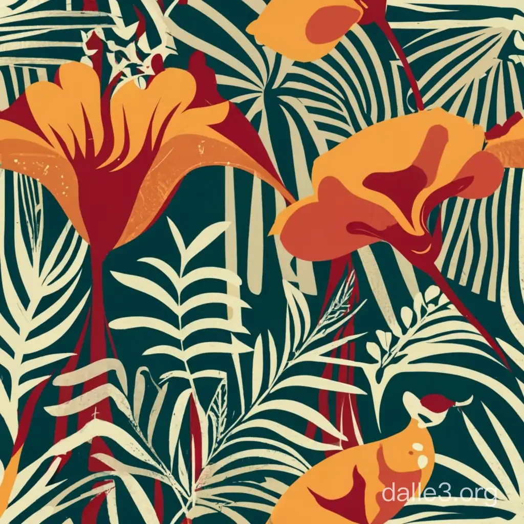 Generate: Elegant patterns with plants, flowers, organic elements, and animal silhouettes.  Use Style: Vintage aesthetic of Art Nouveau, Art Deco, Chinese pottery, Japanese  printmaking, and influence of MC Escher.  Image Use: Generate bold patterns with unique and complicated geometric shapes, repeating patterns, lines, geometry, and tessellations, for interior design products, wallpaper, package design, intertwine with repetition.