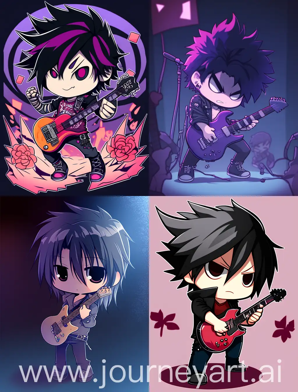 chibi emo guy playing guitar, cartoon anime style, strong lines, spooky background